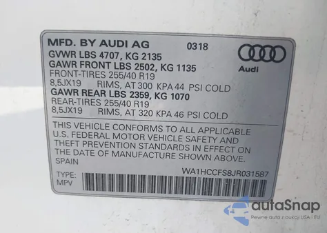 2018 Audi Q3 2.0T Premium/2.0T Sport Premium z USA, uszkodzony, nr VIN WA1HCCFS8JR031587